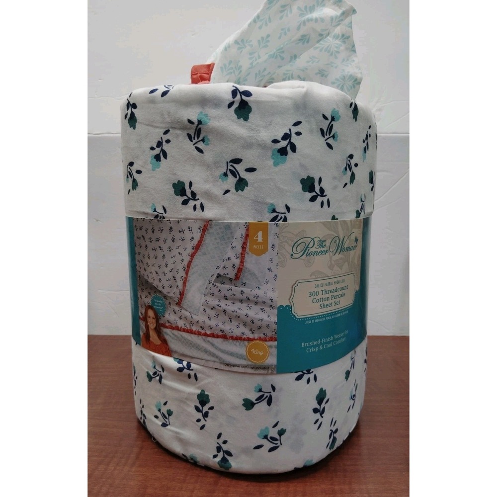 Pioneer Woman 4 Piece King Sheet Set Cotton Calico Floral Medallion Ruffle New